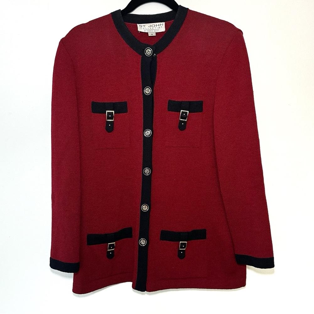 St John Cardigan Sweater 6 Red Black Santana Knit Preppy Holiday Career VTG Y2K